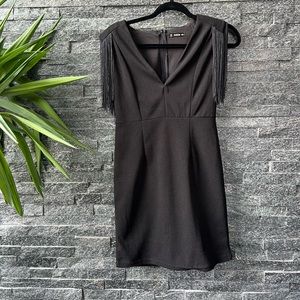 Black mini dress with fringed sleeves